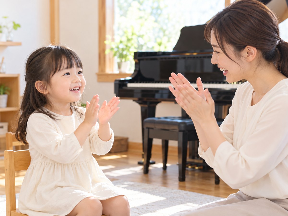 先生と一緒に手拍子でリズムを楽しむ幼児