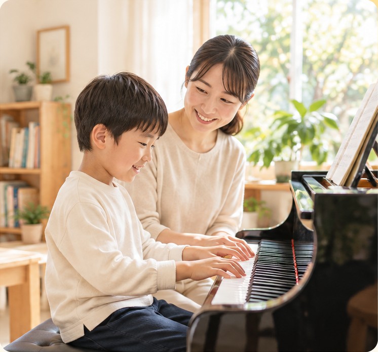 明るい教室でピアノを弾く男の子を女性講師が見守る様子